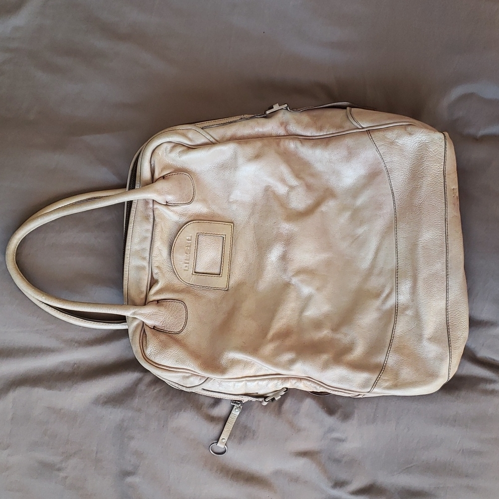 Diesel unisex tote leather bag in light shimmer beige